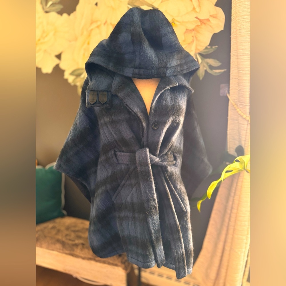 Coach NY Black and Blue wool plaid cape with hood